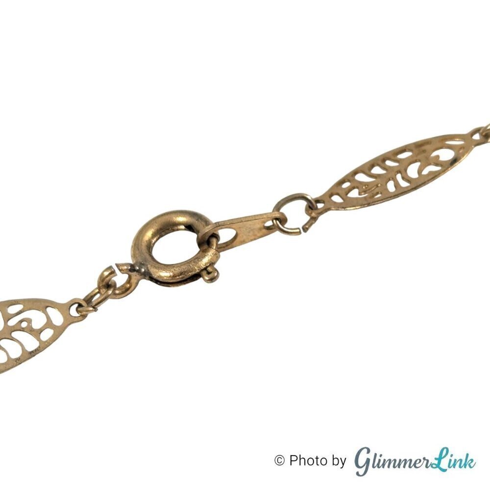 Vintage Filigree Oval Link Green Seed Bead Gold Tone Station Necklace - Picture 8 of 9